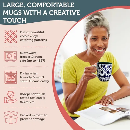 Miniatura 4 de Annovero Juego de 6 tazas de café grandes de porcelana para mujeres u hombres, aptas para microondas y lavavajillas, resistentes a las astillas
