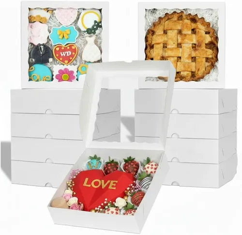 Miniatura 10 de TEMLQPACK 6 piezas cajas de panadería marrones de 10 x 10 x 2.5 pulgadas con ventana, tartas, galletas, fresas cubiertas de chocolate, corazón