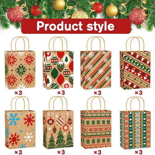 Miniatura 3 de Vellibring 24 piezas de bolsas de regalo de Navidad Kraft, bolsas de papel de Navidad con asa, bolsas de papel de Navidad con estampados navideños
