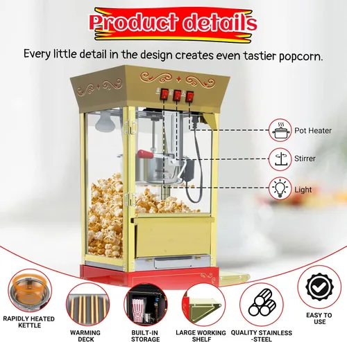 Miniatura 5 de Máquina de palomitas de maíz vintage con carro, hervidor de acero inoxidable de 12 onzas y luz de calentamiento, regalos de Navidad, regalos de cine