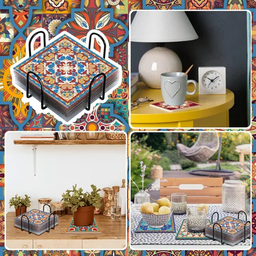 Miniatura 5 de Purpeak 8 posavasos de diamantes para pintar con diamantes, kits de mandala con soporte cuadrado bohemio de cachemira, kits 5D para principiantes