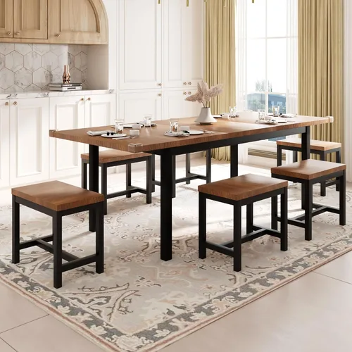 Miniatura 10 de Feonase Juego de mesa de comedor de 5 piezas para 4-8 personas, juego de mesa de cocina grande extensible de 63 pulgadas con 2 bancos y 2 taburetes