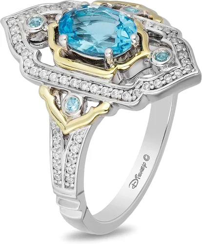 Miniatura 2 de Jewelili Enchanted Disney Fine Jewelry Anillo de plata de ley y oro amarillo de 10 quilates con diamante CTTW de 15 y topacio azul suizo y jazmín