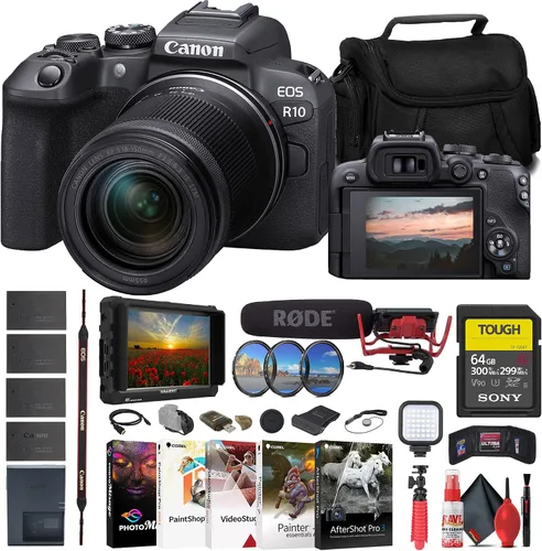 Canon Cámara sin espejo EOS R10 con lente de 0.709-5.906 in (5331C016) + monitor 4K + VideoMic Rode + tarjeta SD TOUGH Sony de 64 GB + kit de filtro