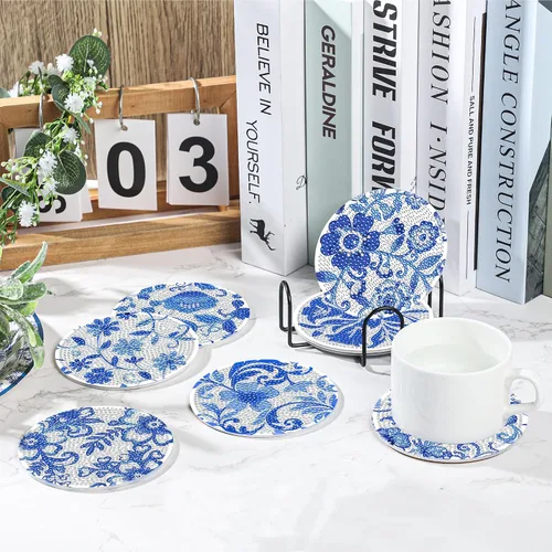 Miniatura 5 de Juego de posavasos con diseño de diamantes de flores azules, posavasos de diamante acrílico 5D con base de corcho y soporte para adultos, 8