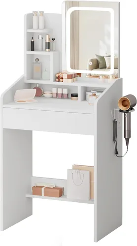 Miniatura 9 de LIVELYGLOW Juego de tocador pequeño con espejo iluminado y estación de energía, escritorio de maquillaje blanco moderno de 24 pulgadas con taburete