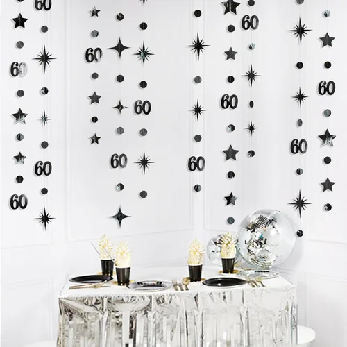 Miniatura 5 de Decoración de cumpleaños número 60 negro, círculo de punto estrella, guirnalda colgante, banderines, telón de fondo para hombres, vítores a los 60