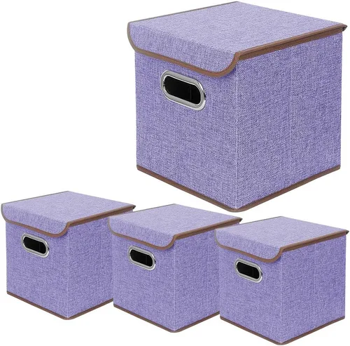 Miniatura 7 de Juego de 4 contenedores plegables de tela de lino con tapa, cajas organizadoras plegables, 10 x 10 x 10 pulgadas (beige)