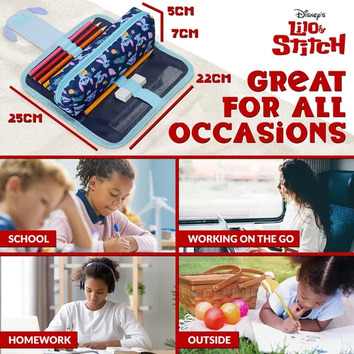 Miniatura 7 de Disney Estuche para lápices de puntada con bonita bolsa desmontable con cremallera, incluye bolígrafo de bola, regla de borrador y divertidos