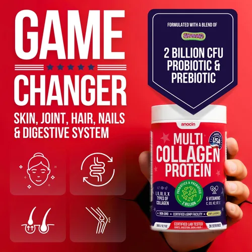 Miniatura 3 de anocin Péptidos de colágeno múltiple con prebióticos + probióticos + tipo I, II, III, V, X + polvo de colágeno hidrolizado con vitamina C+D3+B7+K2+E