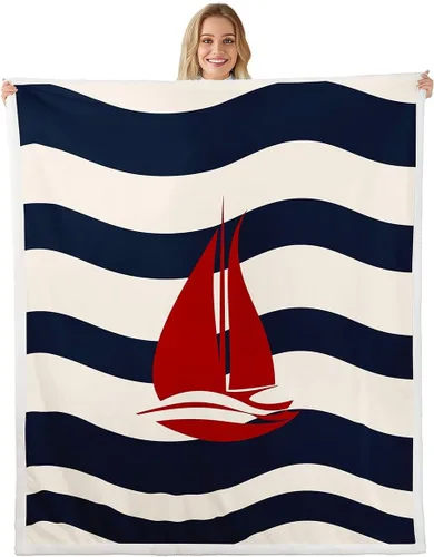Miniatura 25 de Swim Ring Flannel Blanket All Seasons,Nautical Theme Bed Blanket for Kawaii Home Decor,Navy Blue Stripes Blanket for Kids Girls Sofa Couch,40"x50