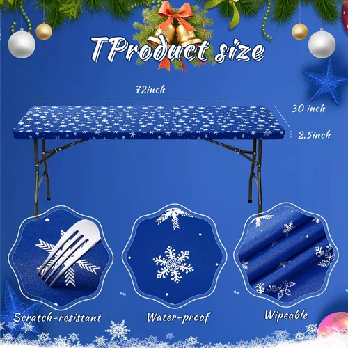 Miniatura 2 de Mixweer 1 Pza Mantel de Copo de Nieve Borde Elástico Ajuste Ceñido Rectangular Cubierta de Mesa Plegable 6 Pies, 30 x 72'' Tela de Poliéster