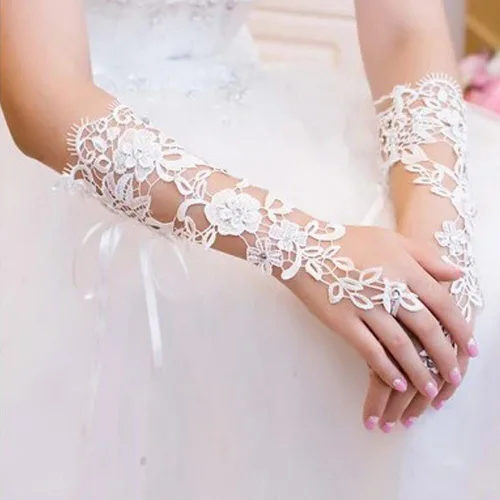 Miniatura 3 de JISEN Guantes de encaje de boda para mujer, regalo formal para banquete, fiesta, sin dedos, Blanco