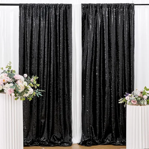 Cortinas con lentejuelas doradas, 2 unidades de 2 x 8 pies, con brillantina, telón de fondo para bodas Negro