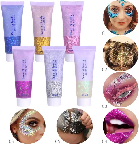 Miniatura 2 de Brillantina para la cara azul, traje de neón brillante, para fiesta, lentejuelas holográficas, maquillaje en gel con purpurina corporal (01# azul)
