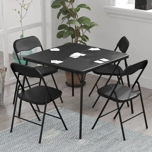 Miniatura 2 de HBCY Creations Juego de mesa y silla plegables comerciales de 5 piezas, mesa de vinilo negro, marcos de metal negro, asientos para 4