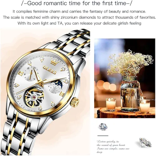 Miniatura 4 de OLEVS Relojes automáticos de diamante Tourbillon para mujer, de cuerda automática, de moda, de acero inoxidable, fase lunar, impermeable, luminoso