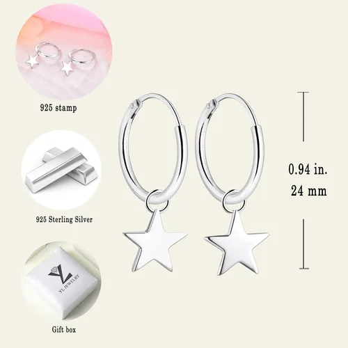 Miniatura 6 de YL Pendientes de aro de plata de ley 925 pulida con estrellacruzluna, círculo, aretes sin fin de 0.591in de diámetro