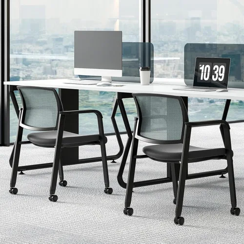 Miniatura 2 de Giantex Juego de 2 sillas de sala de espera, sillas de escritorio de oficina con ruedas de poliuretano, reposabrazos, silla apilable para oficina