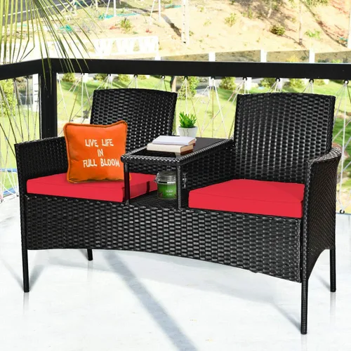 Miniatura 2 de HAPPYGRILL Sofá biplaza de mimbre de ratán con mesa de café, sofá de conversación al aire libre con cojines para jardín, césped, patio trasero