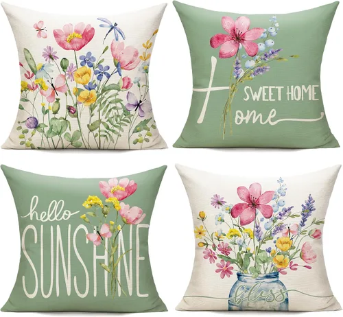 Miniatura 10 de Juego de 4 fundas de cojín decorativas de primavera para exteriores de 16 x 16 pulgadas, diseño de flores de jardín, patio, decoración del hogar