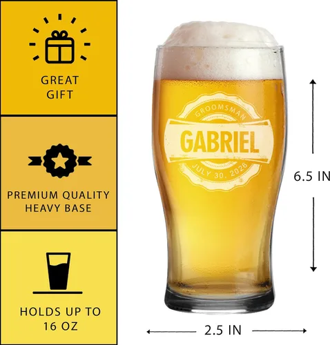 Miniatura 2 de The Wedding Party Store Taza de cerveza Pilsner grabada con monograma, vidrio para pub – Regalos personalizados para padrinos de boda – 20 oz