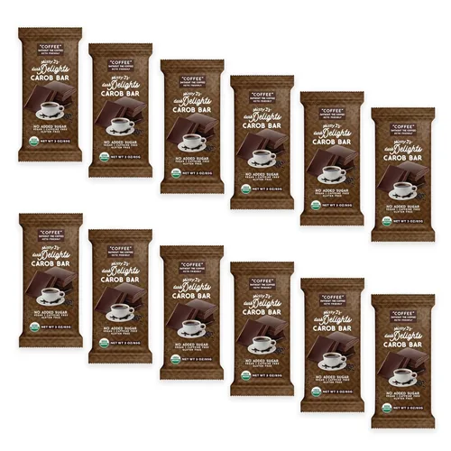 Missy J's Organic Carob Dark Delights - Barra de caramelo de café sin azúcar, 3 onzas, paquete de 12 unidades, vegano, sin gluten y cafeína,