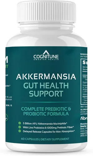 CogniTune Probiótico con 5 mil millones de AFU Akkermansia Muciniphila - Apoya la salud intestinal con 30 mil millones de UFC y fibra prebiótica -