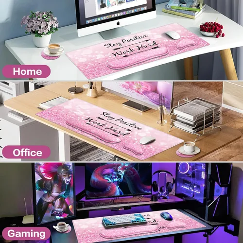 Miniatura 7 de Alfombrilla de ratón rosa, alfombrilla de mouse con soporte de muñeca, juego de 4 en 1: alfombrilla grande+soporte de muñeca para teclado+soporte