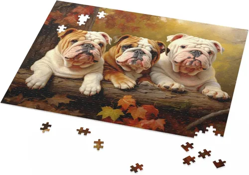 Miniatura 2 de Rompecabezas de 500 piezas para adultos – Bulldogs ingleses en Autumn Park – Rompecabezas de madera, rompecabezas de animales para jóvenes y niños