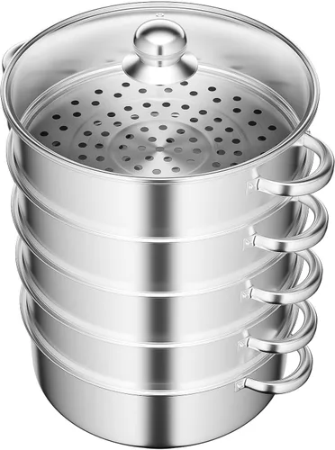 Miniatura 8 de Olla de vapor de acero inoxidable de 5 niveles para cocinar, olla de vapor multiusos de acero inoxidable de 11 pulgadas con asa y tapa, cesta