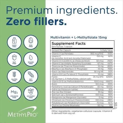 Miniatura 6 de MethylPro Multivitamínico + L-metilfolato de 15 mg – Apoya una mentalidad saludable – Vitaminas A, C, D3, E y más – Folato activo para apoyo a