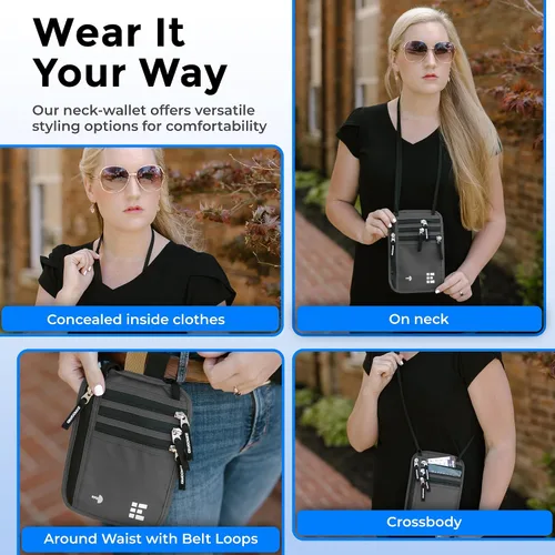 Miniatura 56 de Cartera para el cuello para viajes y pasaporte con bloqueo RFID, delgada y fácil de ocultar, bolsa de viaje de nailon para hombres y mujeres