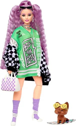 Barbie Muñeca extra y accesorios con pelo lavanda rizado y ojos marrones, 15 piezas de juguete incluyen cachorro de mascota