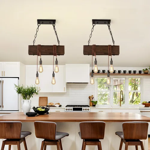 Miniatura 5 de KEESFU 4 luces colgantes de granja para isla de cocina, luz colgante de techo de madera rústica, altura ajustable, lámpara de comedor para isla