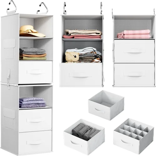 Miniatura 10 de Pipishell Organizador colgante de armario de 6 estantes con 2 estantes separables de 3 niveles, 3 cajones y bolsillos laterales, organizadores