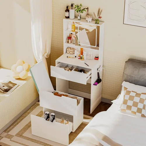 Miniatura 8 de Tocador pequeño con silla, espejo y luces, juego de mesa de maquillaje compacto para espacios pequeños, taburete de almacenamiento móvil