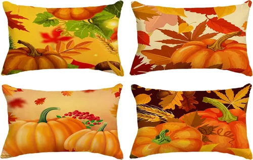 Miniatura 18 de Juego de 4 fundas de almohada de otoño de 12 x 12 pulgadas, fundas de almohada de calabazas de Acción de Gracias, fundas de cojín decorativas