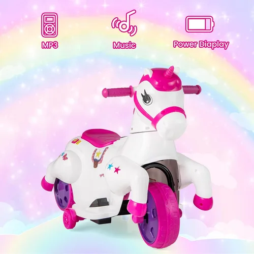 Miniatura 7 de OLAKIDS 2 en 1 motocicleta y caballo, unicornio de 6 V, juguete de paseo con batería con función de arriba y abajo, MP3, pantalla de potencia, Rosa