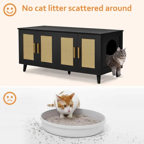 Miniatura 7 de Homhedy Caja de arena bohemia para gatos para 2 gatos, muebles de madera para baño de gatos con puertas decoradas de ratán doble, casa de mascotas