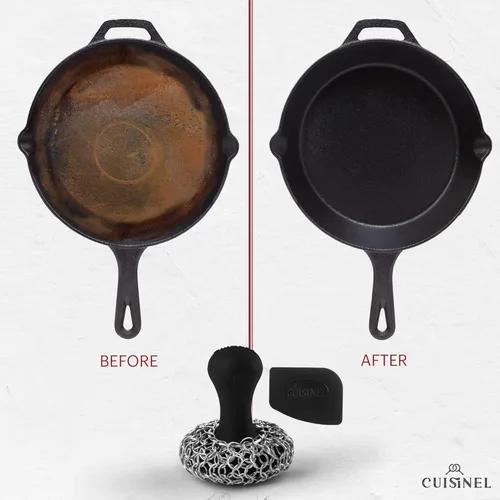 Miniatura 2 de Cuisinel Estropajo de cadena de hierro fundido + raspador de sartenes - Diseño ergonómico de acero inoxidable/silicona para ollas y sartenes - Fácil