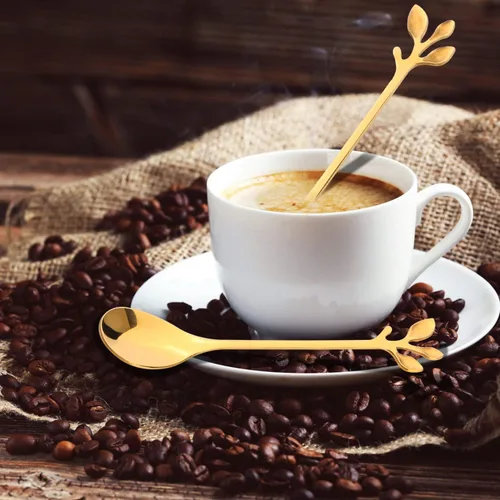 Miniatura 4 de Juego de 12 cucharas de café de acero inoxidable con hojas doradas y tenedores de frutas para tartas, accesorios de cocina, fiesta de boda