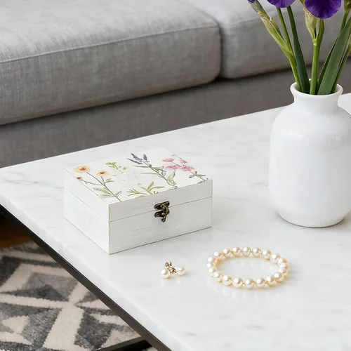 Miniatura 8 de Pequeña caja decorativa con tapa con bisagras, caja de almacenamiento de recuerdos hecha a mano de madera, caja de joyería con estampado floral