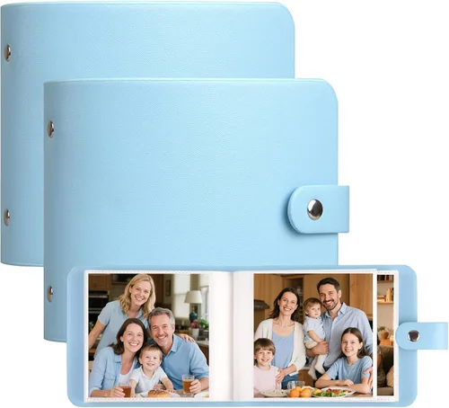 Miniatura 11 de Paquete de 2 álbumes de fotos pequeños de 4 x 4 con tapa de cuero para 64 fotos, libro de álbum de 4 x 4, página interior negra, obras de arte