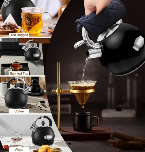 Miniatura 2 de Hervidor de té de acero inoxidable, tetera de té, tetera silbante vintage para estufa, duradera y resistente al óxido, con un soporte para olla