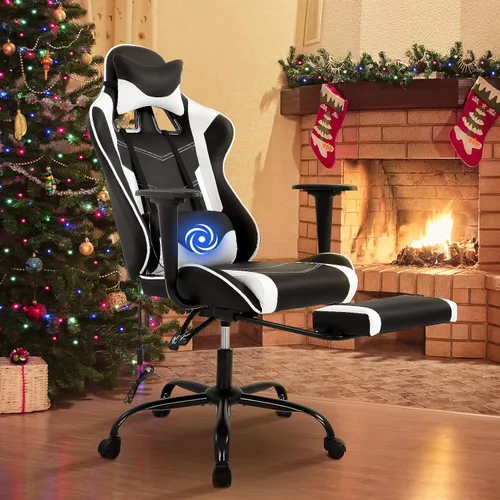 Miniatura 11 de BLKMTY Silla de masaje para juegos con reposapiés, silla ergonómica de oficina de carreras de piel sintética, con respaldo alto, soporte lumbar