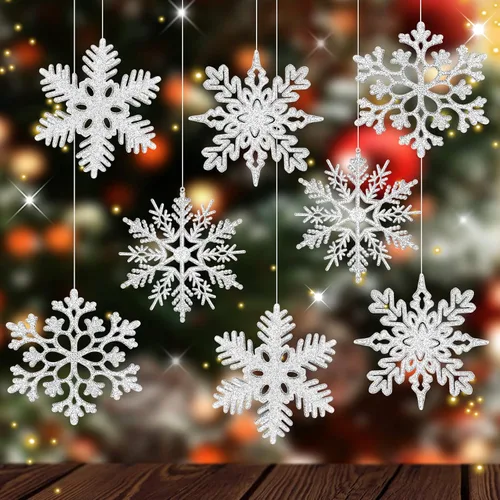 MIAHART Paquete de 40 adornos de copos de nieve plateados de Navidad de 4 pulgadas, adornos de copos de nieve de plástico plateado con purpurina