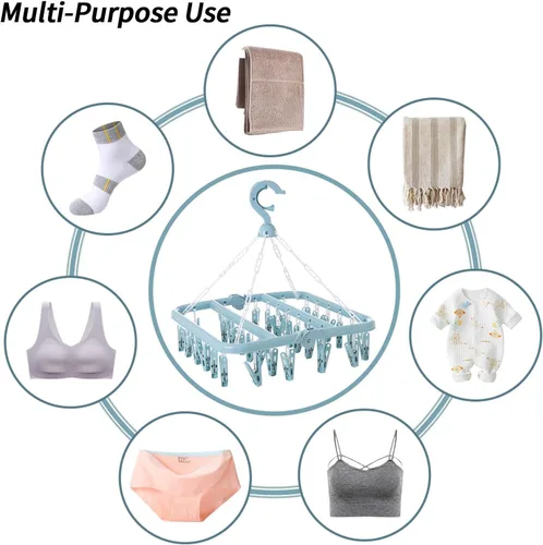Miniatura 3 de Tendedero de ropa con 32 clips, estante plegable para colgar, gancho giratorio de 360° para secar calcetines, ropa de bebé, toallas, guantes