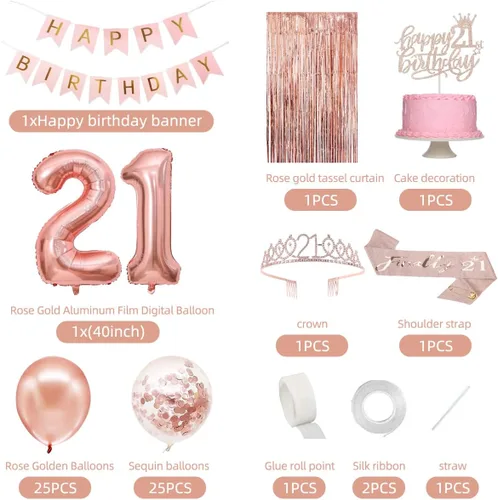 Miniatura 2 de Decoraciones de cumpleaños 21 para ella, pancarta de feliz cumpleaños 21, corona, banda, adorno para pastel y globo con números, decoraciones de 21th