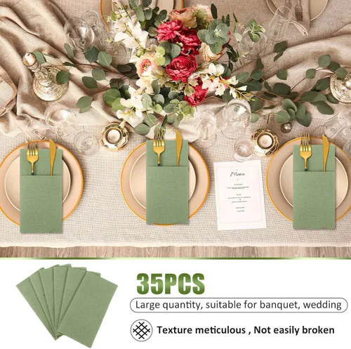 Miniatura 5 de Seajan 35 servilletas de lino de bolsillo, servilletas desechables de papel airlaid preplegadas con bolsillo integrado para cubiertos para Verde